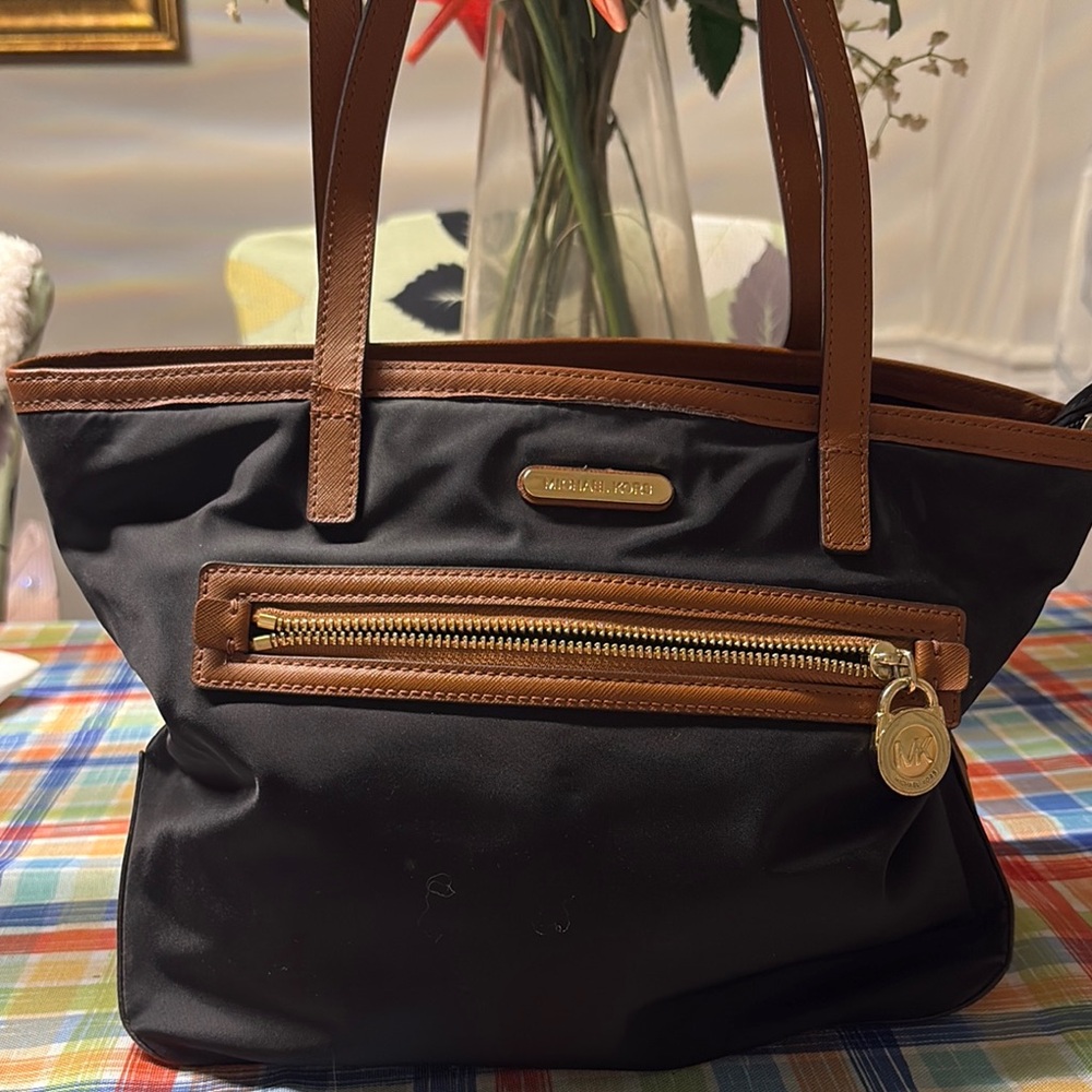 Michael Kors Black Nylon Tote with Brown Leather Trim and Gold Hardware